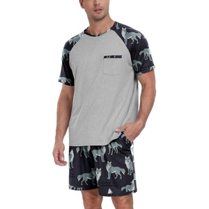 image:imageMens Pajamas Set Short Sleeve Raglan Shirts and Shorts Lounge Sleepwear56dark Gray Wolf