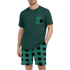 image:imageMens Pajamas Set Short Sleeve Raglan Shirts and Shorts Lounge SleepwearFp Green Plaid