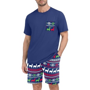 image:imageMens Pajamas Set Short Sleeve Raglan Shirts and Shorts Lounge SleepwearFp Navy Blue Elk