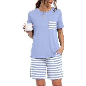 image:imageMens Pajamas Set Short Sleeve Raglan Shirts and Shorts Lounge SleepwearLight Blue Stripe