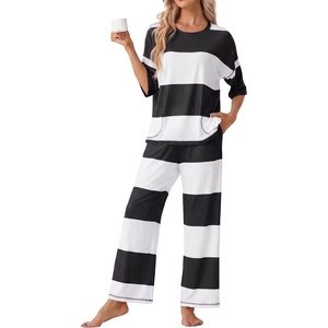 image:imagePrinStory Womens Pajama Sets Striped Pajama Set with PocketsFpblack White Stripe