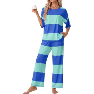 image:imagePrinStory Womens Pajama Sets Striped Pajama Set with PocketsFpblue Green Stripe