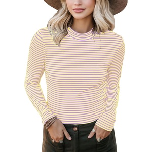 image:imagePrinStory Womens Tops Long Sleeve Shirts Slim Fit Business Dressy Casual Pullover Tee for 2025 TrendyFp Yellow Purple Stripe