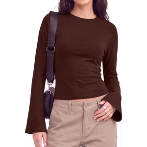 image:imageWomens Bell Long Sleeve Crop Cinched Waist Ribbed Knit Going Out Tops 2026Coffee Brown