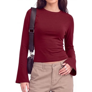 image:imageWomens Bell Long Sleeve Crop Cinched Waist Ribbed Knit Going Out Tops 2026Dark Red