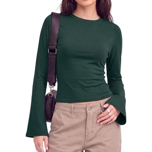 image:imageWomens Bell Long Sleeve Crop Cinched Waist Ribbed Knit Going Out Tops 2026Emerald Green