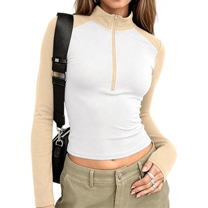 image:imageWomens Half Zip Mock Neck Thermal Tops Long Sleeve Crop T Shirts Fall 2026Apricot White