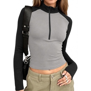 image:imageWomens Half Zip Mock Neck Thermal Tops Long Sleeve Crop T Shirts Fall 2026Black Light Gray