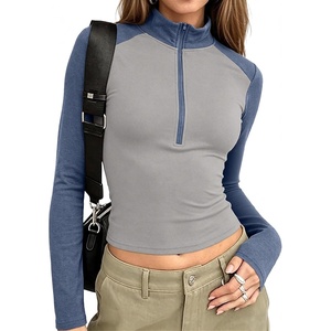image:imageWomens Half Zip Mock Neck Thermal Tops Long Sleeve Crop T Shirts Fall 2026Blue Light Gray