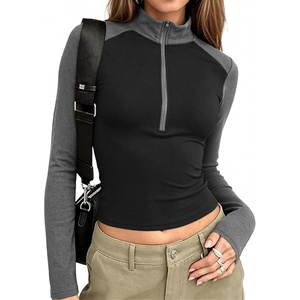 image:imageWomens Half Zip Mock Neck Thermal Tops Long Sleeve Crop T Shirts Fall 2026Dark Gray Black
